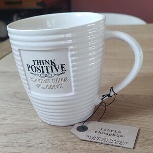 NWT Old Pottery Co. Jumbo Mug - "Think Positive" Ribbed Ivory Ceramic 20oz